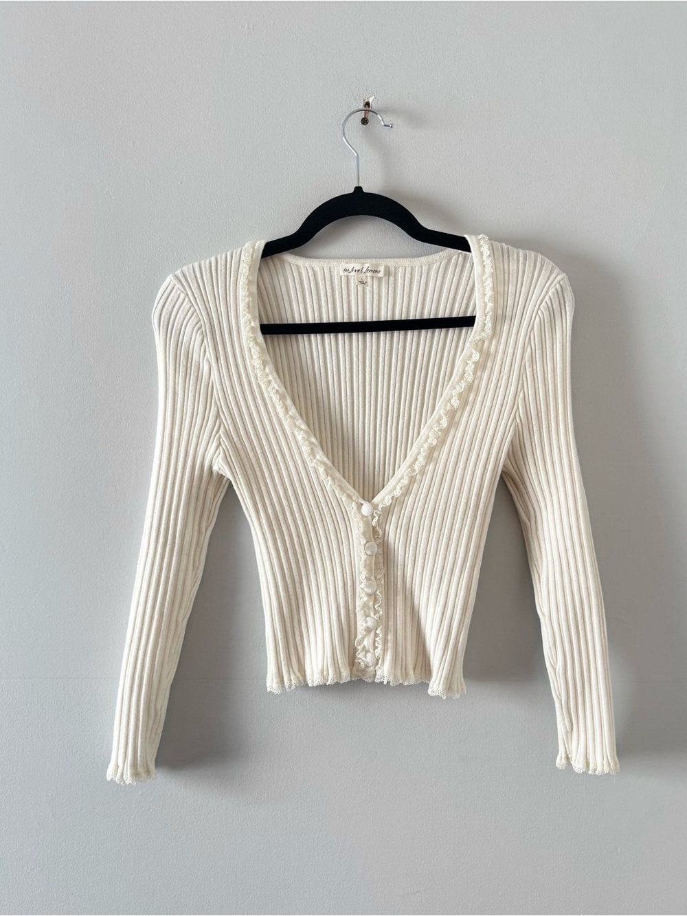 For Love & Lemons Lena Cardigan Sweater Cream Cropped Ribbed Knit - Picture 2 of 6